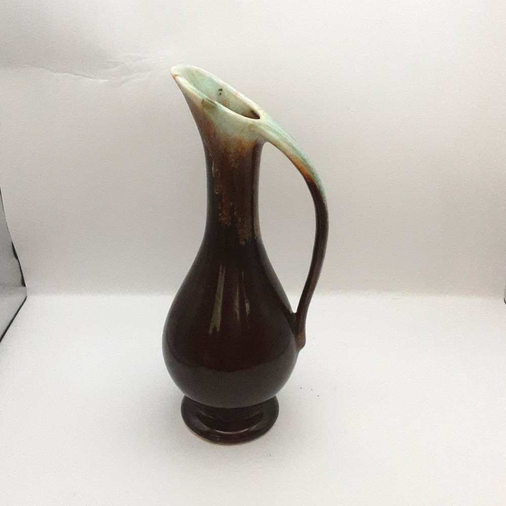 Vintage USA Pottery Brown & Green Drip Glaze Pitcher Vase 8.5"